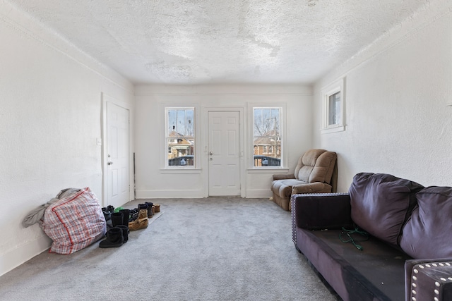 carpeted living room featuring a textured ceiling