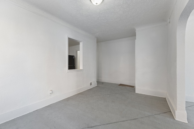 spare room featuring light carpet and a textured ceiling