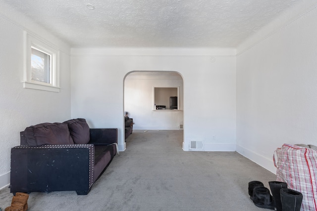 sitting room featuring carpet and a textured ceiling