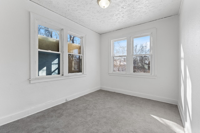 empty room with a textured ceiling and carpet flooring