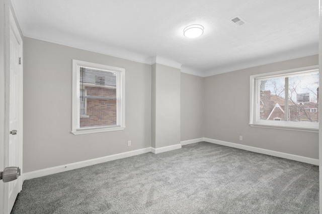 carpeted empty room featuring crown molding