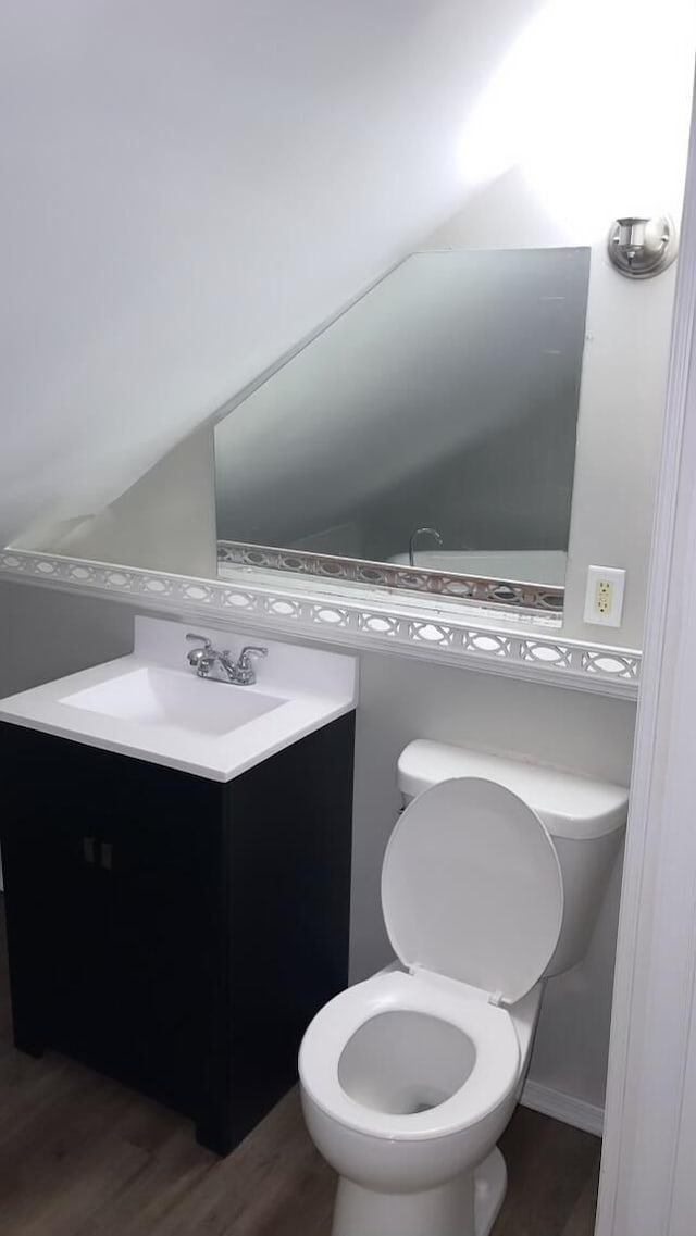 bathroom with wood-type flooring, toilet, and vanity