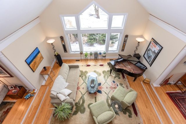 living room with hardwood / wood-style flooring and high vaulted ceiling