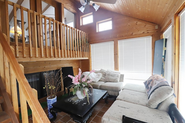 living area with high vaulted ceiling, a ceiling fan, wood ceiling, and wooden walls