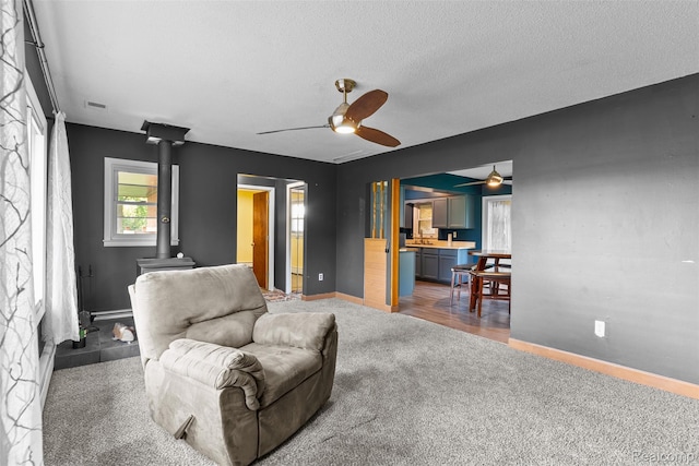 1408 Stephens Ave, Flint, MI 48507 - living area with ceiling fan, carpet flooring, a wood stove, and a textured ceiling