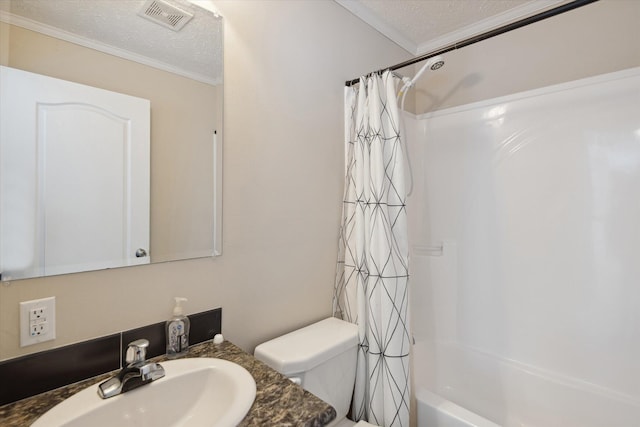 full bathroom with vanity, ornamental molding, toilet, shower / bathtub combination with curtain, and a textured ceiling