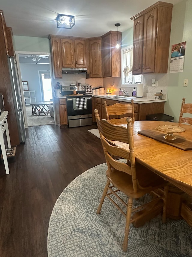 kitchen featuring stainless steel appliances, a wealth of natural light, dark hardwood / wood-style flooring, and decorative light fixtures