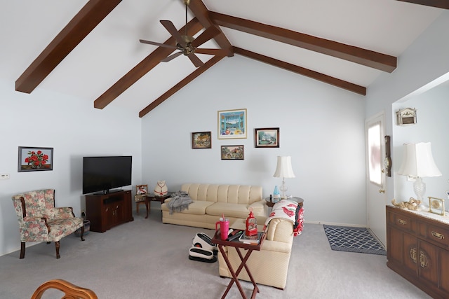 living room featuring ceiling fan, high vaulted ceiling, light colored carpet, and beam ceiling