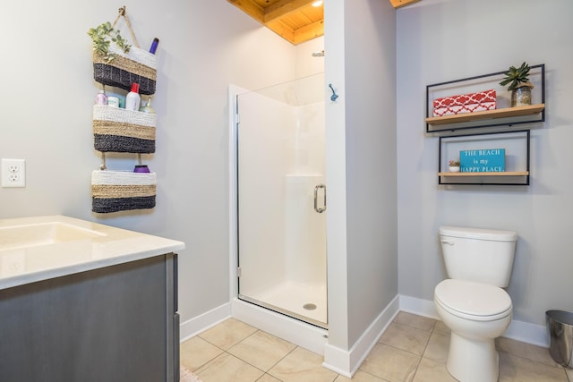 bathroom with tile patterned flooring, vanity, an enclosed shower, and toilet