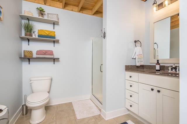 bathroom featuring wood ceiling, tile patterned flooring, vanity, toilet, and walk in shower