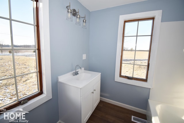 bathroom featuring vanity, a bath, and wood-type flooring