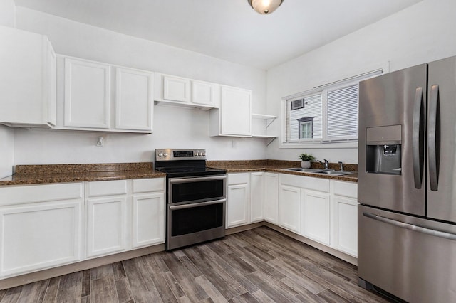 kitchen featuring stainless steel appliances, white cabinetry, sink, and dark hardwood / wood-style floors