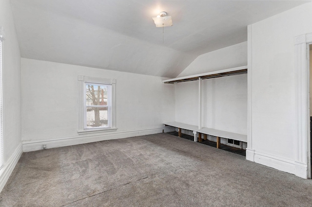interior space featuring vaulted ceiling and carpet
