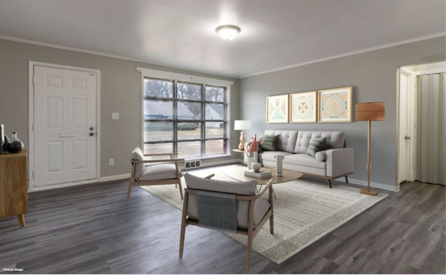 living room with ornamental molding, dark wood-type flooring, and baseboards