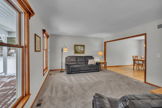 living room featuring light colored carpet