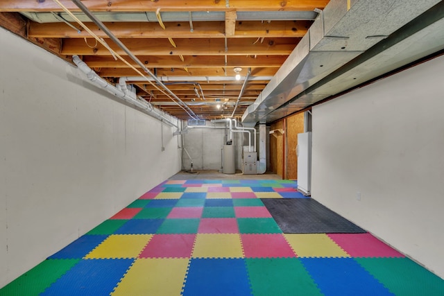 basement with heating unit and water heater