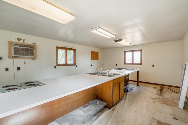 6735 S Scottdale Rd, Berrien Springs, MI 49103 - kitchen featuring a wall unit AC, a sink, baseboards, light countertops, and brown cabinetry