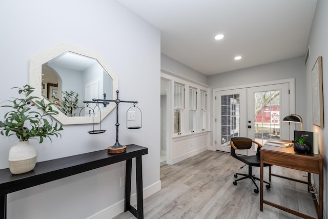 6735 S Scottdale Rd, Berrien Springs, MI 49103 - office area featuring light wood-type flooring, recessed lighting, baseboards, and french doors