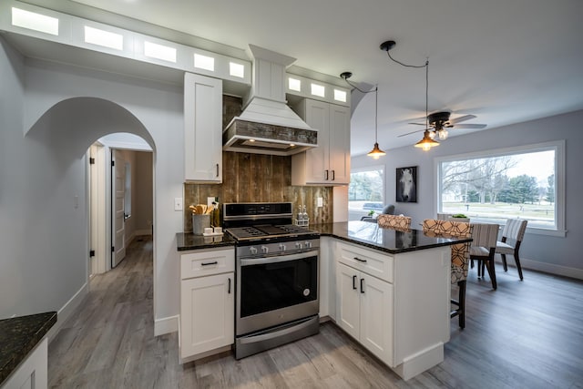 6735 S Scottdale Rd, Berrien Springs, MI 49103 - kitchen featuring stainless steel gas range oven, arched walkways, decorative backsplash, white cabinets, and a peninsula