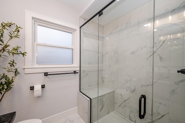 6735 S Scottdale Rd, Berrien Springs, MI 49103 - bathroom with marble finish floor, baseboards, toilet, and a marble finish shower