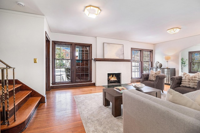 living room featuring crown molding, a fireplace, and light wood-type flooring