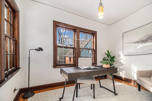 office area with light hardwood / wood-style flooring