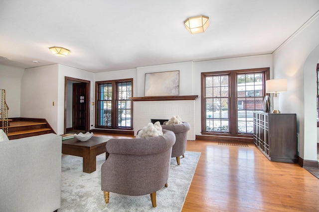 living room featuring light wood-type flooring, a wealth of natural light, and a fireplace