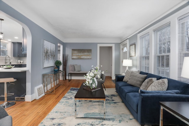 living room featuring hardwood / wood-style flooring and sink