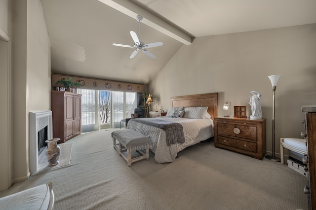 carpeted bedroom featuring a fireplace, ceiling fan, high vaulted ceiling, access to outside, and beamed ceiling