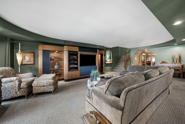 living area with stairs, arched walkways, carpet flooring, and recessed lighting