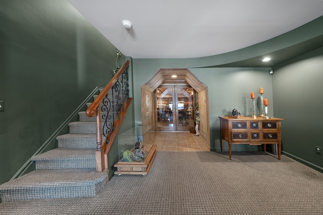 stairs featuring recessed lighting, carpet flooring, and baseboards