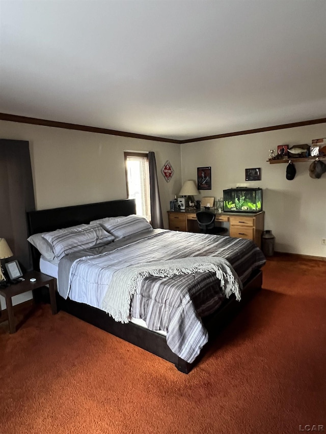 carpeted bedroom with ornamental molding