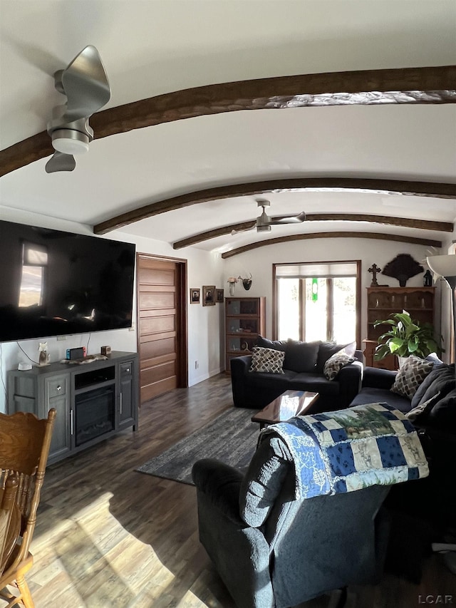 living room with ceiling fan, dark hardwood / wood-style flooring, and lofted ceiling with beams