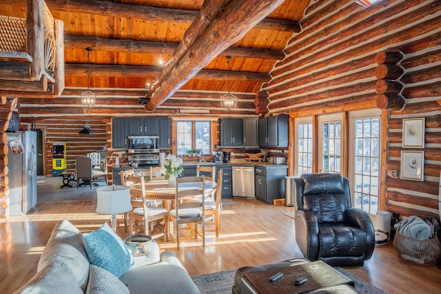 living room with wood ceiling, vaulted ceiling with beams, and light wood-type flooring