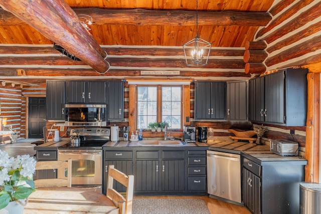 kitchen with pendant lighting, sink, appliances with stainless steel finishes, beam ceiling, and a notable chandelier