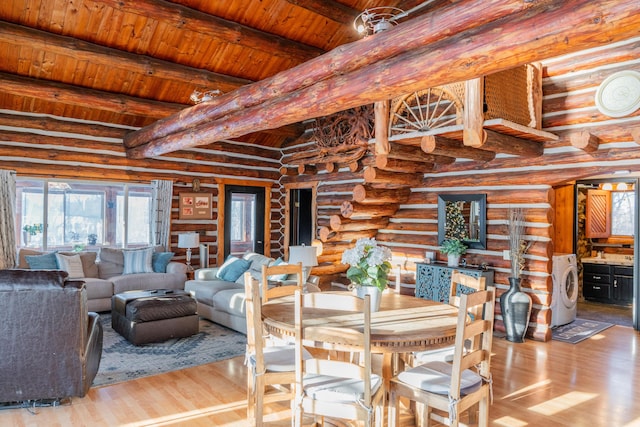 dining room featuring wood ceiling, beam ceiling, washer / dryer, and light wood-type flooring