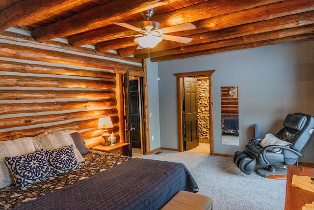 carpeted bedroom with wooden ceiling, rustic walls, and beam ceiling