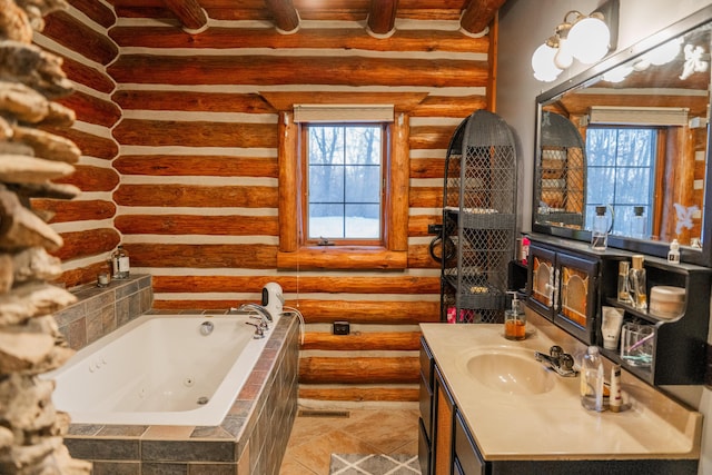 bathroom featuring vanity, rustic walls, and tiled tub