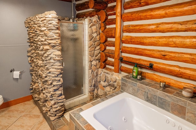 bathroom featuring plus walk in shower, log walls, and toilet