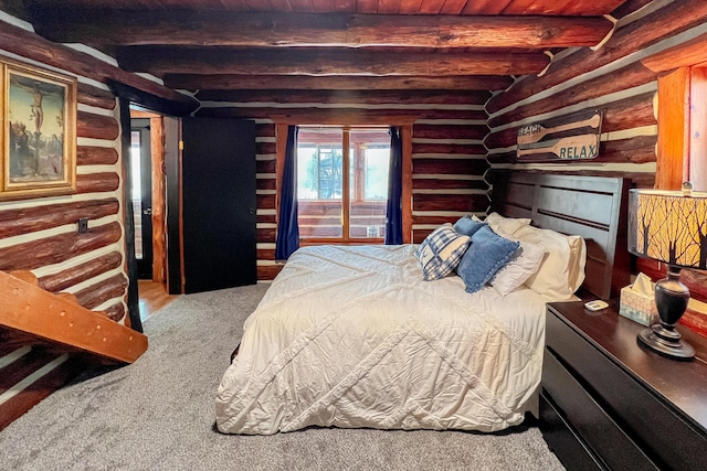 bedroom with wood ceiling and beamed ceiling