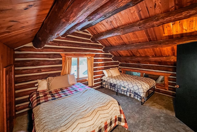 carpeted bedroom with vaulted ceiling with beams, log walls, and wood ceiling