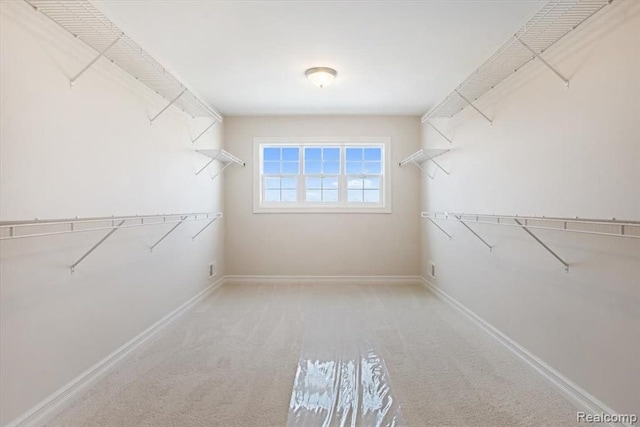 walk in closet featuring light colored carpet