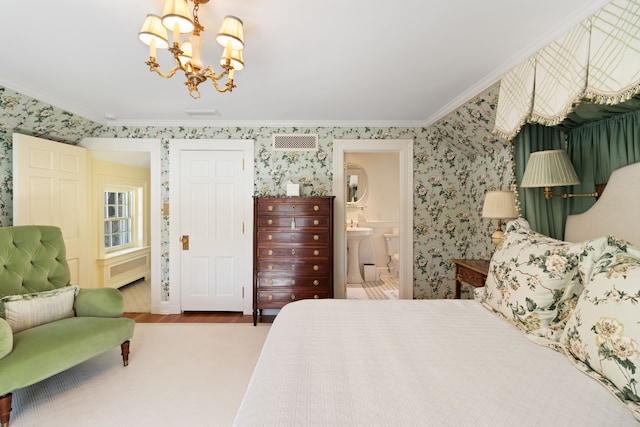 bedroom featuring hardwood / wood-style flooring, radiator heating unit, connected bathroom, a chandelier, and ornamental molding