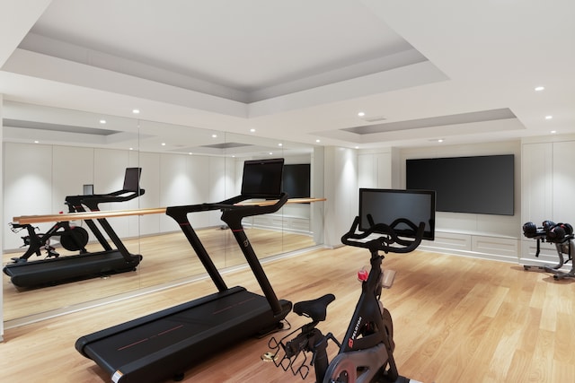 exercise room with light hardwood / wood-style floors and a raised ceiling