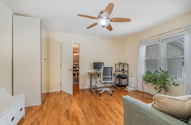 office area featuring light hardwood / wood-style floors and ceiling fan