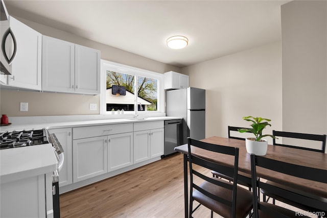 23225 Beverly St, Saint Clair Shores, MI 48082 - kitchen with light wood-style floors, white cabinetry, appliances with stainless steel finishes, light countertops, and a sink