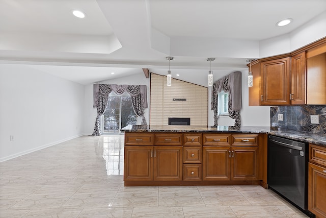 kitchen with pendant lighting, dark stone counters, dishwasher, and vaulted ceiling with beams