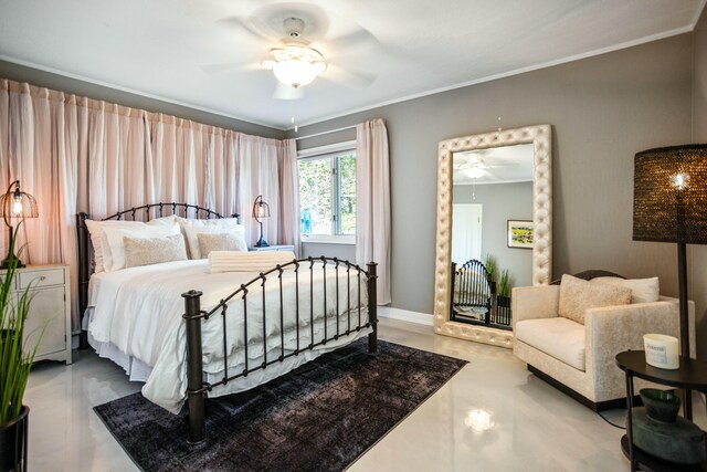 19300 Highland Dr, New Buffalo, MI 49117 - bedroom with ceiling fan, baseboards, and ornamental molding