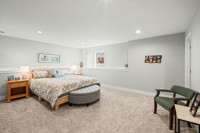 bedroom with recessed lighting, carpet flooring, visible vents, and baseboards