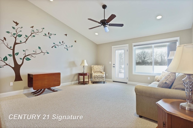 100 Tuscany Cir, Saginaw, MI 48603 - carpeted living room with lofted ceiling, baseboards, a ceiling fan, and recessed lighting